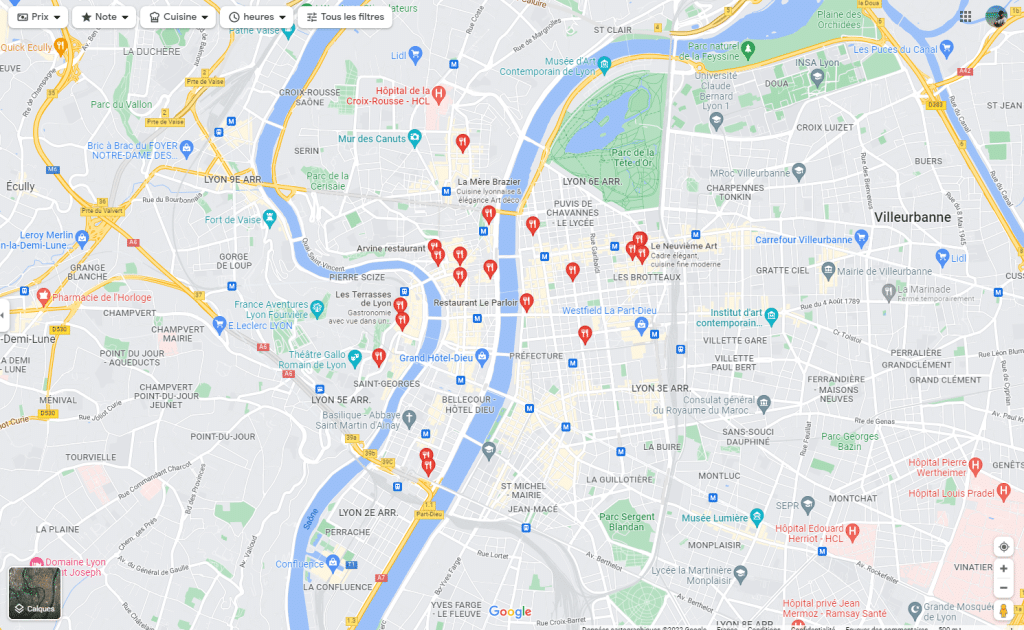 restaurants à Lyon sur Google Maps